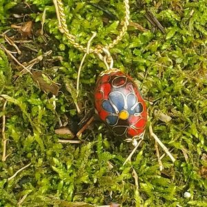Vintage Cloisonne Crimson & Blue Floral Bead Egg Pendant on 16" Gold Tone Chain